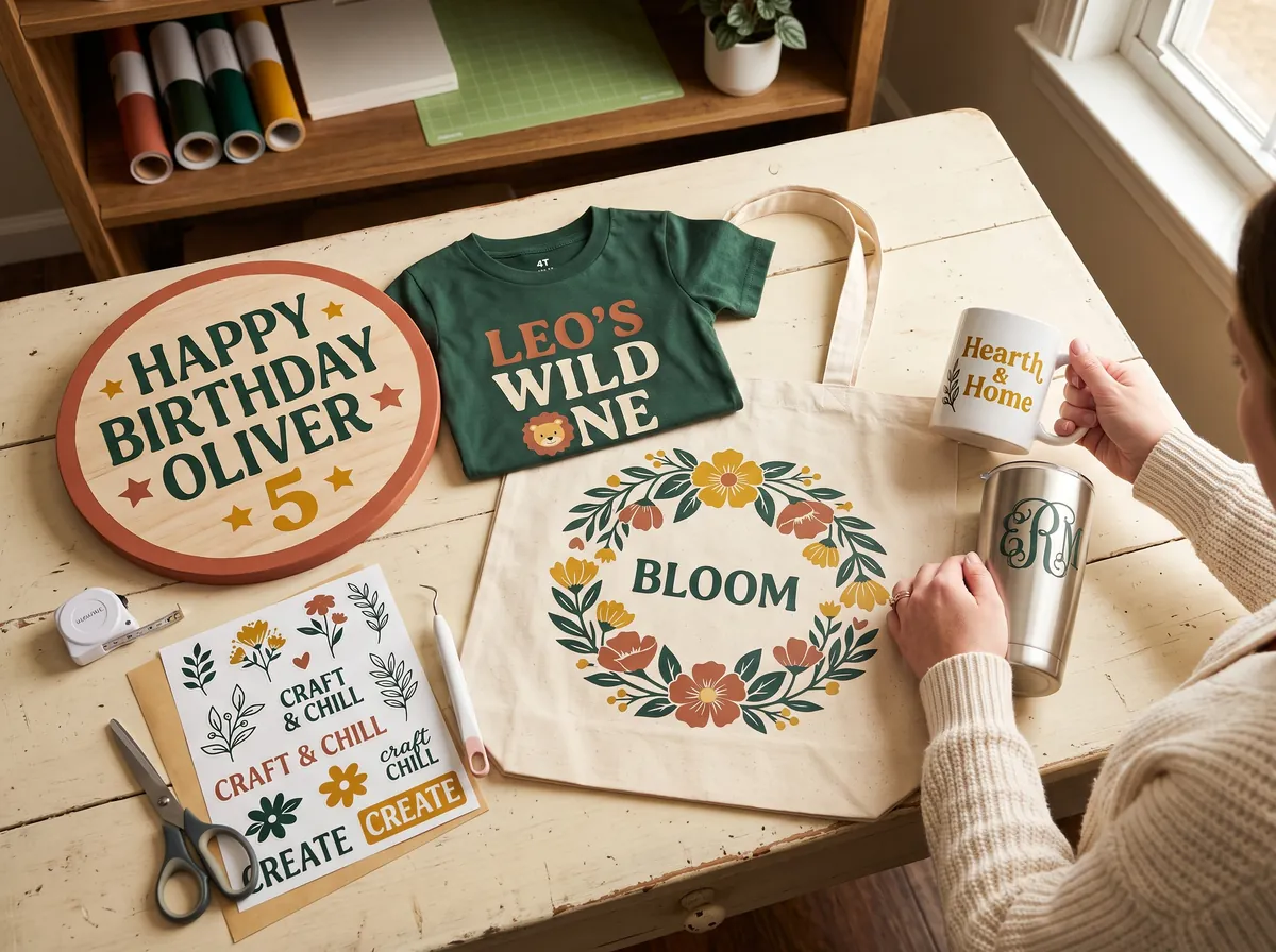 Finished projects: sign, t-shirt, tote bag, mug and tumbler